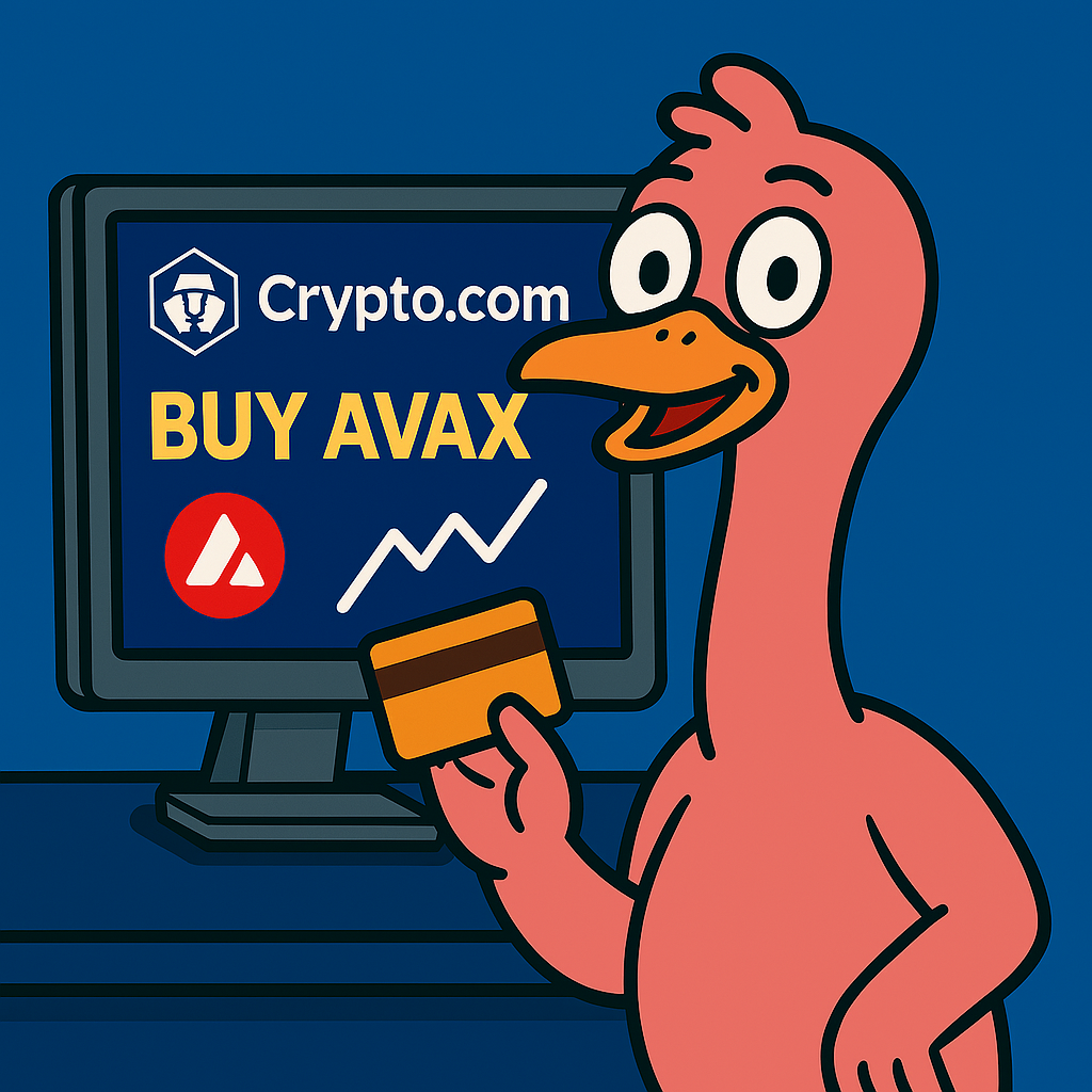 COCO mascot with Crypto.com branding for buying AVAX cryptocurrency
