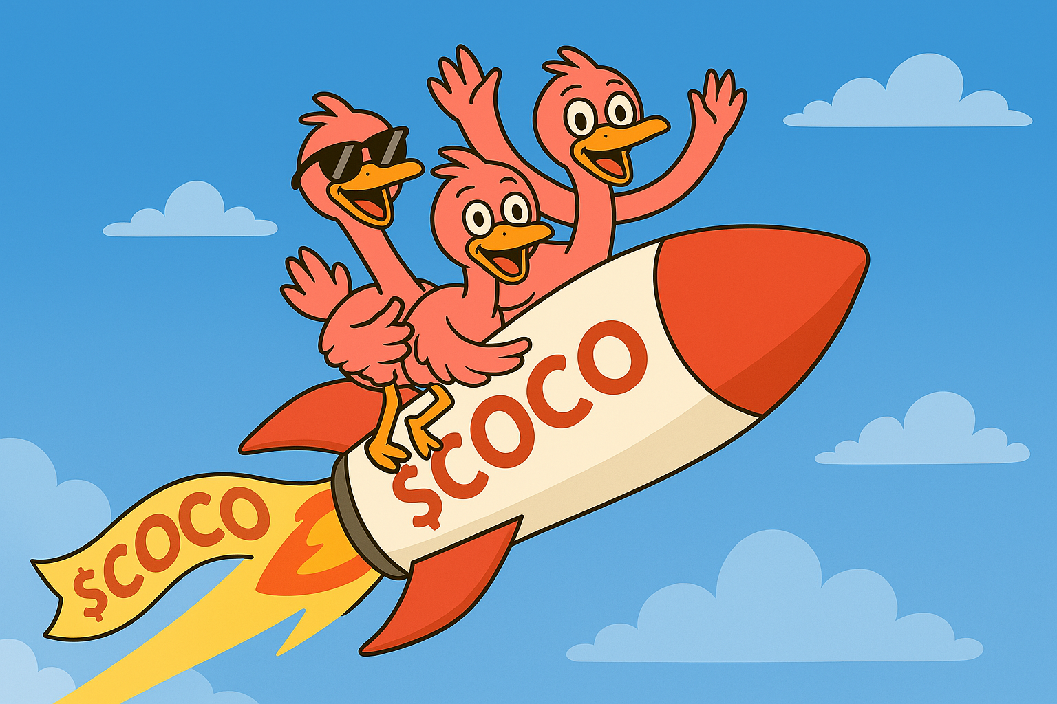 COCO mascot with rocket for getting COCO tokens on Arena platform